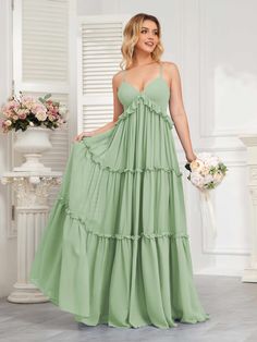 #color_Dusty Sage Spring Chiffon A-line Bridesmaid Dress, Spring Wedding Tiered Chiffon Dress, Flowy Empire Waist Bridesmaid Dress, Spring Wedding Chiffon V-neck Dress, Flowy A-line Chiffon Bridesmaid Dress, V-neck Ruffled Chiffon Prom Dress, Flowy Chiffon Dresses With Empire Waist, V-neck Chiffon Dress With Ruffles For Prom, Flowy A-line Chiffon Prom Dress