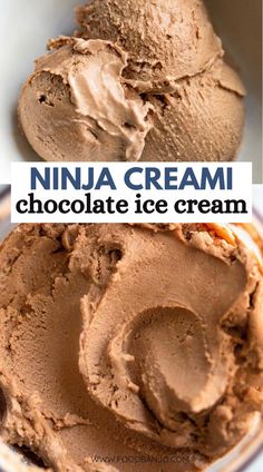 an ice cream in a bowl with the words ninja cream chocolate ice cream