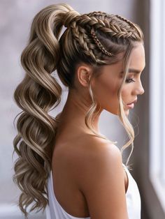 Look professional and polished at work with these stylish ponytail braided hairstyles. From sleek ponytails to elegant updos, find the perfect style to complement your office attire. #braidedhairstyles #workhairstyles #professionalhair #officewear Cute Hairstyles For Long Hair For A Wedding, Braided Hair Styles Long Hair, Long Braided Wedding Hairstyles, Cute Braid Ponytails, Prom Hairstyles Ponytail Braid, Styled Ponytail Long Hair, Hair For Long Dress, Hairstyles For Wedding Ponytail, Wedding Braid Ponytail