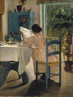 a painting of a woman sitting at a table in front of a window reading a book