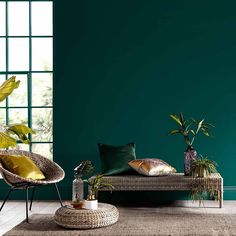 a living room with green walls and wicker furniture on the floor, along with plants