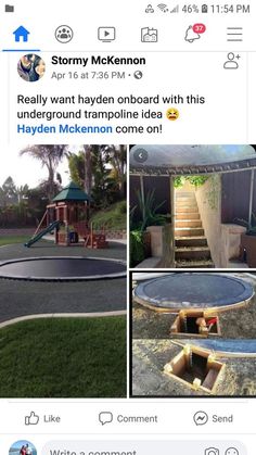 an image of a backyard with a trampoline in the middle and steps leading up to it