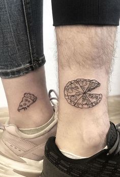 two people with matching tattoos on their feet, one has a slice of pizza in the middle