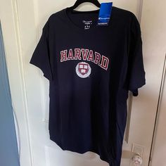 Large Unisex Harvard T-Shirt Navy Blue And Maroon Color Navy Cotton Fan Apparel Tops, Navy Graphic Tee With Crew Neck, Navy Graphic Tee Shirt With Crew Neck, Navy Graphic Tee With Text Print, Navy Short Sleeve Fan Apparel Top, Navy Cotton Graphic Tee Shirt, Navy Short Sleeve Top For Fan Apparel, Blue Collegiate Short Sleeve Tops, Blue College Tops With Logo Print