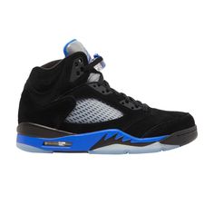 Find JORDAN 5 Retro 'racer Blue on Editorialist. The Air Jordan 5 Retro ‘Racer Blue’ adds color-popped accents to a stealthy colorway of the venerable 1990 silhouette, designed by Tinker Hatfield and introduced to the world by Mars Blackmon. The mid-top makes use of a black nubuck upper with tonal TPU eyelets, translucent quarter panel netting and a reflective silver tongue. The latter features contrasting hits of royal blue on the embroidered Jumpman and interior lining. Lightweight cushioning arrives via a blue polyurethane midsole, embellished with black shark tooth detailing and fitted with visible Air-sole cushioning in the heel. A translucent rubber outsole provides grippy traction underfoot. Mars Blackmon, Black Racer, Jordan 5 Retro, Air Jordan 5 Retro, Air Jordan 5, Jordan 5, Shark Teeth, Air Jordan 1 Retro, A Bathing Ape