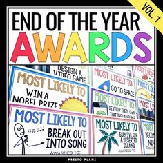 the end of the year awards poster with words and pictures on it, including most likely to break out into song