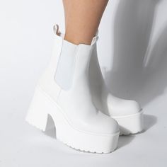 Side Zipper Side Goring Pull Tab Platform Sole Chunky Heel Lightly Padded Insole Black Platform Boots True To Size Heel Height Approx. 2.75" Cute Heel Boots, Chunky White Boots, Desired Appearance, Designer Clothing Patterns, Platform Boots Outfit, White Platform Boots, White Platforms, White Platform Heels, White Platform Shoes