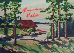 an oil painting of a cabin by the water