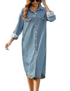 PRICES MAY VARY. 【Material】: Long denim shirt dress is made of 95% Cotton and 5% Polyester,breathable and soft denim material. 【Features】: Denim dress for women long sleeve/button down denim dress/Denim button down shirt dress/Loose fit and lapel collared/Over the knee length/Casual midi jean dress/For spring summer fall and winter. 【Match】: Midi jean shirt dress is perfect to match with leggings,sneakers,high heels or casual boots. 【Occasions】: Outdoor/Work/School/Daily wear/Home/Lounge out/Str Long Denim Shirt Dress, Long Denim Shirt, Button Down Denim Dress, Jean Shirt Dress, Shirt Dress Long Sleeve, Shirt Dress Long, Midi Jeans, Jean Shirt, Button Down Shirt Dress