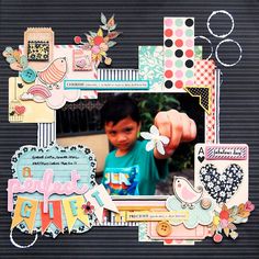 a scrapbook page with an image of a young boy holding a paper flower in it's hand