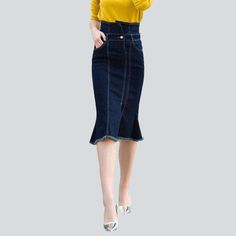 Make a everlasting statement with the 2023 Autumn Collection's Dark Blue Trumpet Denim Skirt! A street trend classic. this high-waisted piece combines vintage allure with couture-forward audacity. Crafted from luxe denim. it features a zipper and button closure. making it as functional as it is fashionable.Distinctive Features: Street Style: An iconic denim skirt with a quintessential dark wash. trumpet silhouette. and elevated-waisted design. Zipper & Button Closure: Craftsmanship meets functio Fitted Flare Denim Skirt, Chic Non-stretch Mid-rise Skirt, Trendy Fitted Flare Denim Skirt, Casual Flared Fitted Denim Skirt, Fitted High-waist Denim Skirt, Fitted High Waist Denim Skirt, High Waist Fitted Denim Skirt, Fitted High Waist Dark Wash Denim Skirt, Chic Fitted Medium Wash Denim Skirt