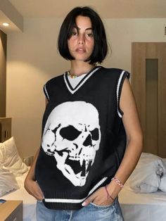 Stay warm and stylish this fall with this women's v neck grunge gothic skeleton loose-fit fall sleeveless sweater. crafted with premium quality nylon and acrylic, this stylish sweater is perfect to rock your goth look. shop now! Spring Knitwear, Skull Sweater, Casual Knitwear, Sleeveless Sweater Vest, Women Sweaters Winter, Estilo Preppy, Streetwear Tops, Loose Pullover, 90s Grunge