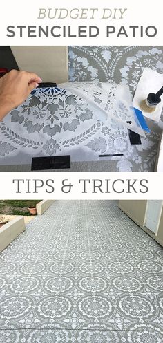 the before and after pictures of stenciled patio rugs with text overlay that reads, budget - diy stenculated patio tips & tricks