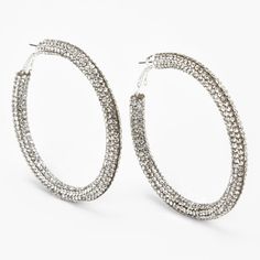 Claire's Silver 60MM Pave Embellished Hoop Earrings Glamorous Crystal Rhinestone Hoop Earrings, Glamorous Rhinestone Crystal Hoop Earrings, Metal Bling Hoop Earrings For Parties, Bling Metal Hoop Earrings For Party, Trendy Sparkling Hoop Earrings For Party, Glamorous Bling Hoop Crystal Earrings, Party Metal Hoop Earrings With Bling, Metal Hoop Earrings With Rhinestones For Party, Rhinestone Metal Hoop Earrings For Parties