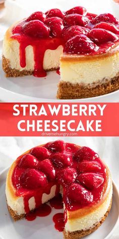 strawberry cheesecake on a plate with one slice cut out