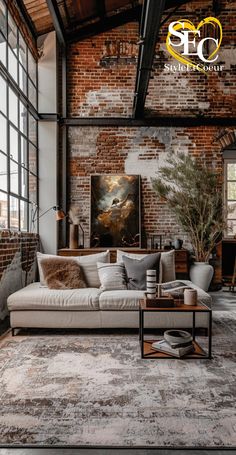 an industrial living room with exposed brick walls and large windows is featured in this article