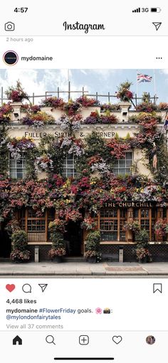 the instagram page for instagram is shown with an image of a building covered in flowers