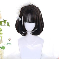 Short Bob Color, Hair Black Blue, Bob Color, Aesthetic Egirl, Blue Black Hair, Air Bangs, Bangs For Women, Anime Wigs, Wig Party