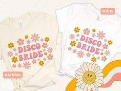 two t - shirts with flowers and the word bride on them, one has a sunflower