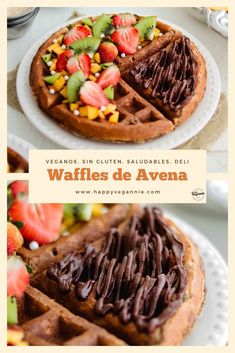 waffles de avena with chocolate frosting and fruit on top, in the middle