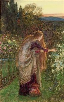 a painting of a woman in a garden