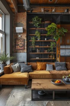 a living room filled with lots of furniture next to a large window covered in potted plants