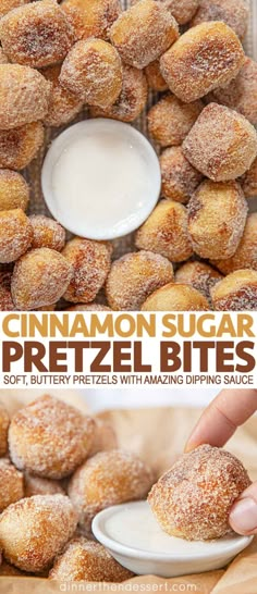 cinnamon sugar pretzel bites on a plate with dipping sauce