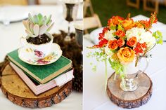 there are two pictures of flowers and books on the table