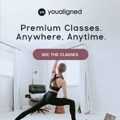 a woman doing yoga poses in front of a window with the words, premium classes anywhere anytime see the classes