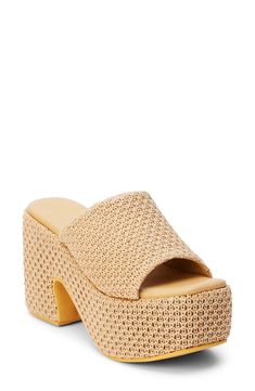 A woven finish adds abundant texture to an arch-supporting sandal set on a retro-chic platform sole. 4 1/4" heel; 2 1/2" platform Contoured footbed with arch support Synthetic upper, lining and sole Imported Comfortable Straw Platform Wedge Sandals, High Heel Platform Slippers For Vacation, Natural Color Open Toe Platform Heels, Beach Beige Synthetic Platform Slippers, Beige Synthetic Platform Slippers For Beach, Summer Platform Heels In Synthetic Material, Summer Synthetic Platform Slippers With Arch Support, Comfortable Platform Heels In Synthetic Material, Comfortable Synthetic Platform Heels