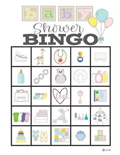 a baby shower bingo game with balloons and items for the baby to play in it