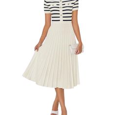 New In Package Zesica Women's Striped Midi Dress Crewneck Short Sleeve Button Dresses,Beige, Medium This Cocktail Dress Features A Crewneck, Short Sleeves, A Chic Striped Button Top, And A Flowy Pleated A-Line Skirt, The Pullover Style And Decorative Buttons Add An Elegant Touch To The Overall Look. Suitable For Various Occasions, This High Waist Swing Pleated Dress Provides A Relaxed And Flattering Fit. Ideal For Casual, Daily, Beach, Vacation, Party, Wedding, Holiday, Photography, Cocktail, Pr Casual Pleated Cream Dress, Casual Cream Pleated Dress, Cream Pleated A-line Midi Dress, Cream A-line Pleated Midi Dress, Fitted Beige Pleated Midi Dress, White Pleated Midi Dress With Short Sleeves, Knee-length Pleated Cream Midi Dress, Cream Pleated Knee-length Midi Dress, White Fitted Pleated Midi Dress