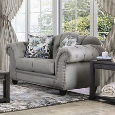 Glynneath Loveseat in Camel back design-Gray Transitional Sofa, Grey Loveseat, Inspiration From Nature, Living Room Collections, Grey Cushions, Furniture Outlet, Furniture Of America, Gray Linen, Front Room