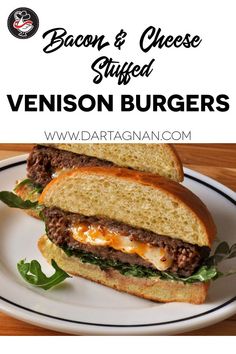 bacon and cheese stuffed venison burgers on a white plate with text overlay