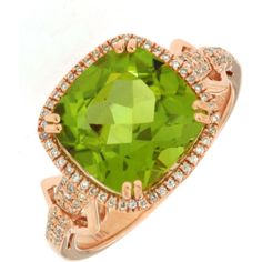 Royal 14K Rose Gold Peridot & Diamond Ring - 4.20 Carat Gemstone Brilliance Peridot Color, Peridot Stone, Rose Gold Band, Royal Jewelry, Gold Band, Cushion Cut, Stone Color, Diamond Jewelry, Elegant Design