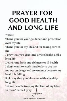 a prayer card with the words prayer for good health and long life