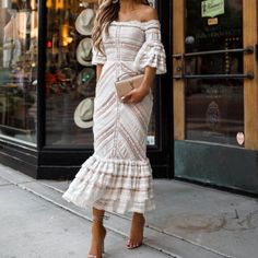 Gorgeous Cinq A Sept Ivory Naya Illusion Ivory Lace Midi Dress. Elasticized Off The Shoulder Neckline. Half Sleeves With Ruffle Cuffs. Sheath Silhouette And Tiered Ruffled Hem. Self: 60% Cotton, 35% Nylon, 5% Spandex. Combo: 100% Silk. Lining: 97% Poly, 3% Spandex. Dry Clean Only. Fully Lined. Side Hidden Zipper Closure. Dress Does Have Some Stretch. Size 2 And New With Tags. Retail $550. Bust - 14.5" Armpit To Armpit/Waist - 25"/Length - 46" Shoulder To Hem Neutral Wedding Guest Outfit, Spring Wedding Outfit, Mia Mia Mine, White Lace Midi Dress, Mia Mia, Spring Wedding Guest, Spring Wedding Guest Dress, Best Wedding Guest Dresses, Shower Outfits