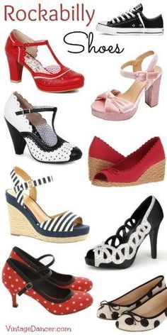 Rockabilly shoes, pin up heels, flats, Mary Janes, Converse All Stars, Keds and more. Women's Fashion 50s Style, Rockabilly Fashion Dresses, 1950s Rockabilly Fashion, Sock Hop Outfits, Retro Dresses For Women, 50s Inspired Outfits, Pin Up Girl Costume, 1950s Fashion Shoes