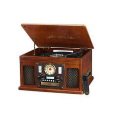 an old - fashioned wooden record player is shown with the radio in it's case