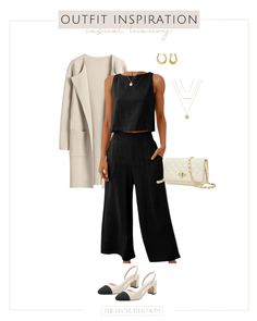 Casual luxury outfit inspiration | midsize style | cream long cardigan | black top | black wide leg pants | gold jewelry | cream crossbody purse | black and cream pumps Casual Luxury Outfits, Casual Neutral Outfits, Cream Pumps, Fall Wardrobe Staples, Black Wide Leg Pants, Black Crossbody Purse, Neutral Outfit