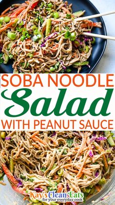 sobdoodle salad with peanut sauce in a black bowl and on a white table