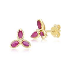 A Gorgeous Floral Marquise Ruby Stud Earrings in 9ct Yellow Gold.    A gemstone of passion, the ruby signifies desire and success and is the perfect gift from a loving partner. As a birthstone, Ruby represent July birthdays.   Discover Gemondo's classic jewellery with a range of timeless designs set with natural gemstones. Find elegant gemstone rings and occasion jewellery pieces that never go out of style. A quick buff with a jewellery cleaning cloth will remove metal tarnishes and keep gemston Loving Partner, Ruby Stud Earrings, Classic Jewellery, Ruby Earrings Studs, June Birthstone Jewelry, Gifts For New Mums, Pearl Jewellery Earrings, Jewelry Ring Box, Classic Jewelry