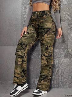 Peilia - Vintage Y2K Style Womens Camo Cargo Pants with Flap Pockets, Mid Waist Loose Fit Wide Leg Design, Casual and Stylish Denim Trousers Straight Leg Camouflage Pants With Multiple Pockets, Camouflage Straight Leg Pants With Multiple Pockets, Casual Camouflage Pants With Hip Pockets, Casual Outdoor Jeans, Casual Full-length Camouflage Cargo Jeans, Casual Full-length Outdoor Jeans, Casual Full Length Jeans For Outdoor, Camouflage Cotton Jeans With Pockets, Full Length Cargo Jeans For Outdoor