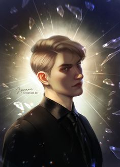 a digital painting of a young man wearing a black shirt and tie with bubbles coming out of his hair