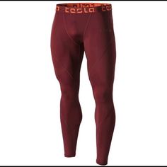 men's tight leggings in maroon with orange print on the bottom and side