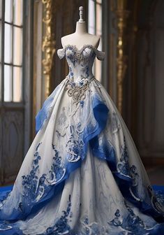 Ball Gowns Fantasy, Dreamy Gowns, Princess Ball Gowns, Blue Wedding Dresses, Medieval Dress