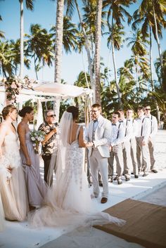 a group of people standing around each other in front of palm trees and a gazebo