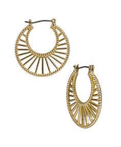 These delicate hoop earrings with their lovely scrolled metal make a fashion statement perfect for any look. Metal plated, zinc alloy, surgical steel post Joint with catch closure Approx. 1 1/4" drop x 1 3/16" width x 1/16" depth Nickel-free, protective pouch included Metal Drop Earrings For Spring, Trendy Small Hoop Metal Earrings, Trendy Gold Hoop Earrings For Spring, Chic Spring Metal Jewelry, Spring Dangle Hoop Earrings For Pierced Ears, Gold Dangle Hoop Earrings For Spring, Pierced Metal Earrings For Spring, Trendy Metal Hoop Earrings With Ear Wire, Trendy Single Metal Hoop Earring