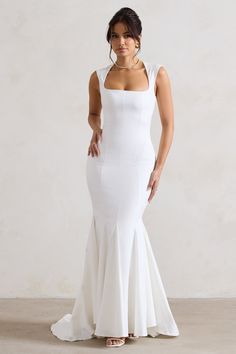 Adore You Cream Square-Neck Structured Fishtail Maxi Dress – Club L London - USA Cream Bridesmaids Dresses, Simple Elopement Dress, Wedding Dress Square Neckline, Elope Dress, White Engagement Dress, Simple Engagement Dress, Square Neckline Wedding Dress, White Dress With Sleeves, Uzun Boy