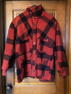 "Rare buffalo plaid wool Mackinaw style hunting jacket--the ultimate vintage outdoor jacket! circa 1920s made in Portland Oregon by Hirsch-Weis, which would become White Stag and whose sign would become famous.  union made, waterproofed  with one interior pocket and 6 button closure front exterior pockets, plus a game pocket that goes across the back and buttons closed on both sides double-layer sleeves In excellent vintage condition with one repair on right seam (pictured) size L / XL Measureme Layer Sleeves, New Buffalo, Hunting Jacket, Vintage Outdoor, Hunting Jackets, White Stag, Union Made, Outdoor Jacket, Felted Wool